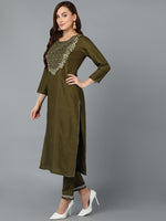 Green Silk Blend Embroidered Straight Suit Set