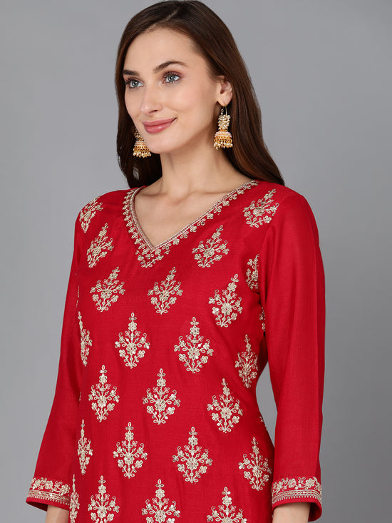 Ahika Women Silk Blend Embroidered Kurta Sharara