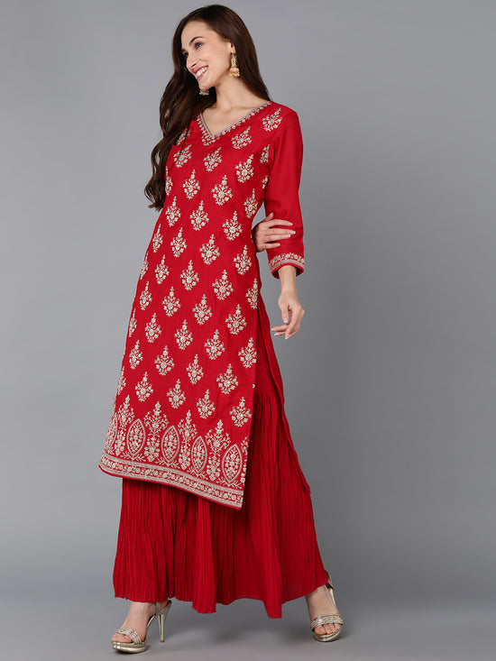 Ahika Women Silk Blend Embroidered Kurta Sharara