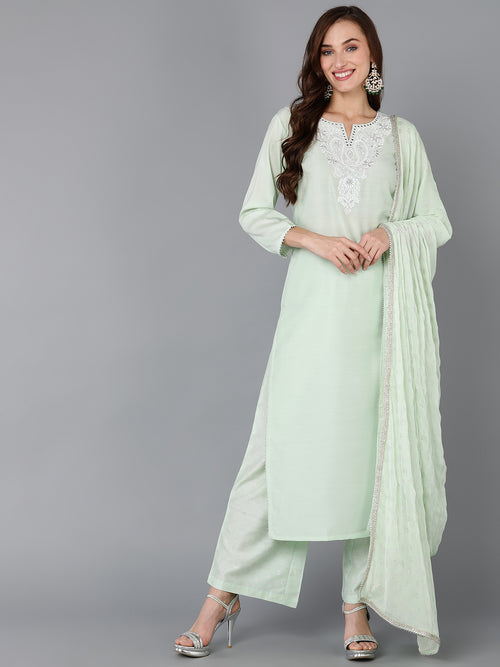 Ahika Women Silk Blend Embroidered Kurta Palazzos