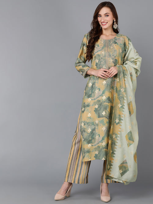 Ahika Women Silk Blend Printed Abstract Embroidered