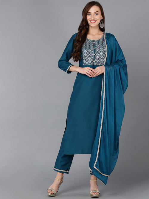 Ahika Women Silk Blend Embroidered Kurta Trousers