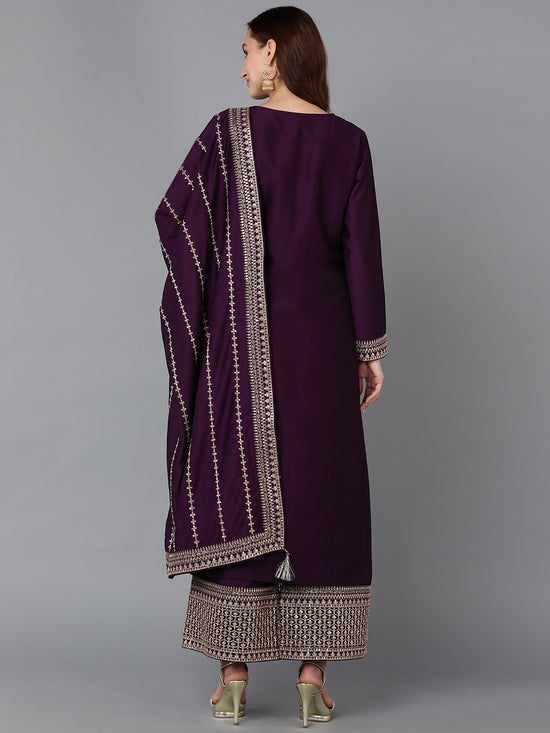 Ahika Women Silk Blend Embroidered Kurta Palazzos