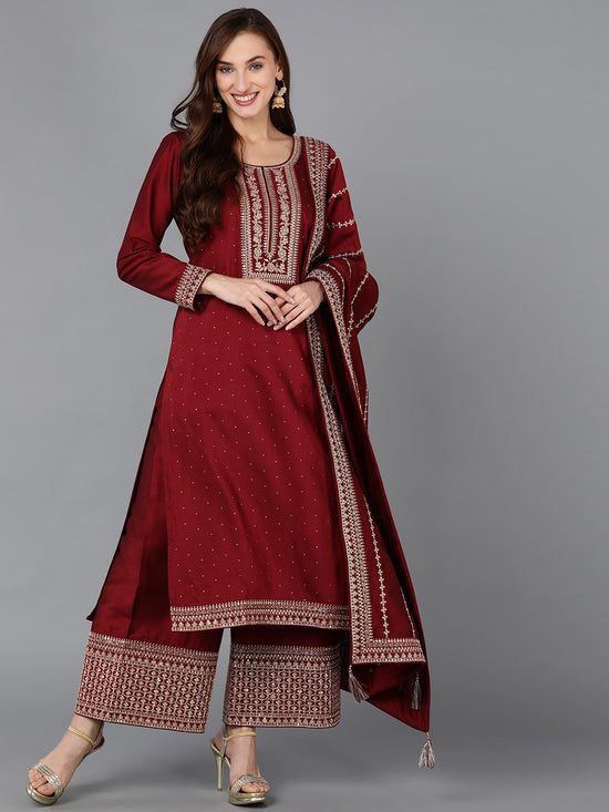 Ahika Women Silk Blend Embroidered Kurta Palazzos