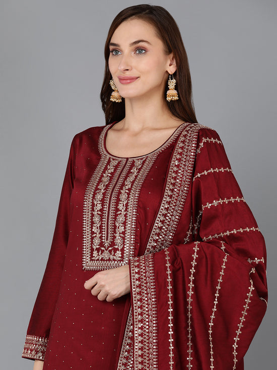 Ahika Women Silk Blend Embroidered Kurta Palazzos