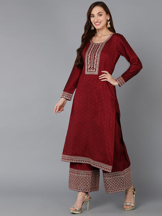 Ahika Women Silk Blend Embroidered Kurta Palazzos