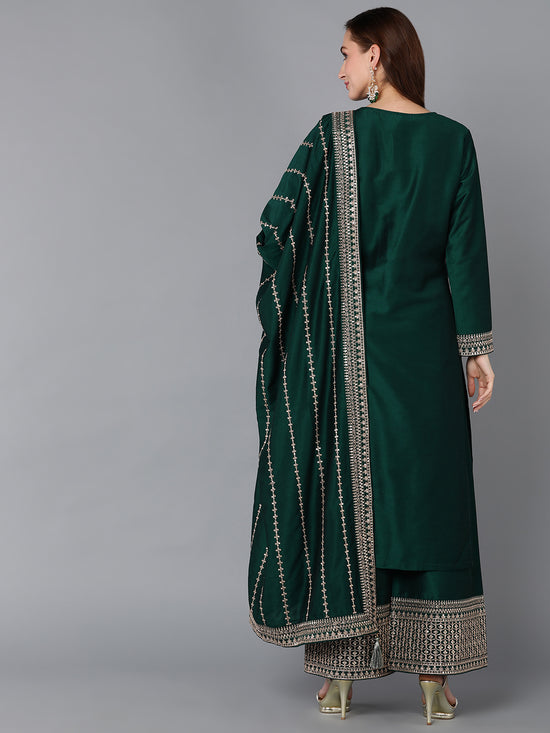 Ahika Women Silk Blend Embroidered Kurta Palazzos