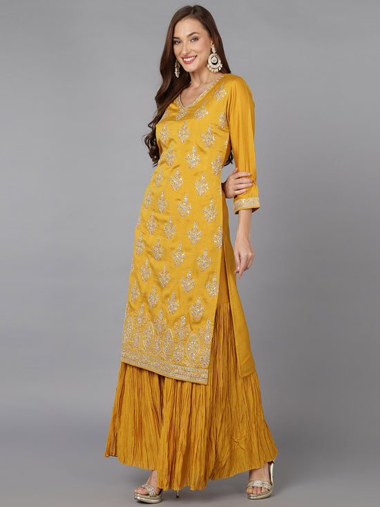 Ahika Women Silk Blend Embroidered Kurta Palazzo