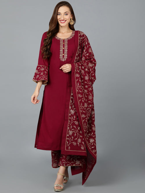 Tyrian purple Georgette Embroidered Party wear Suit