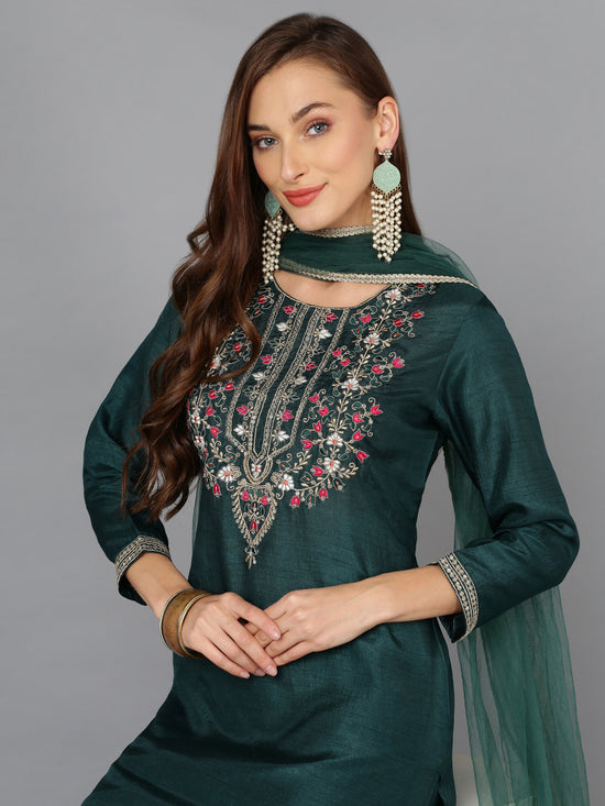 Bottle Green Silk Blend Embroidered Festive wear