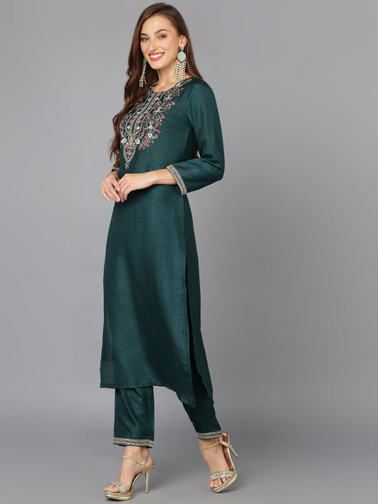 Bottle Green Silk Blend Embroidered Festive wear