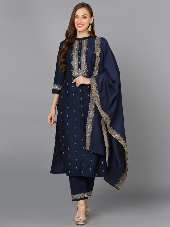 Navy Blue Silk Blend Embroidered Festive wear