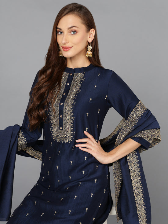 Navy Blue Silk Blend Embroidered Festive wear