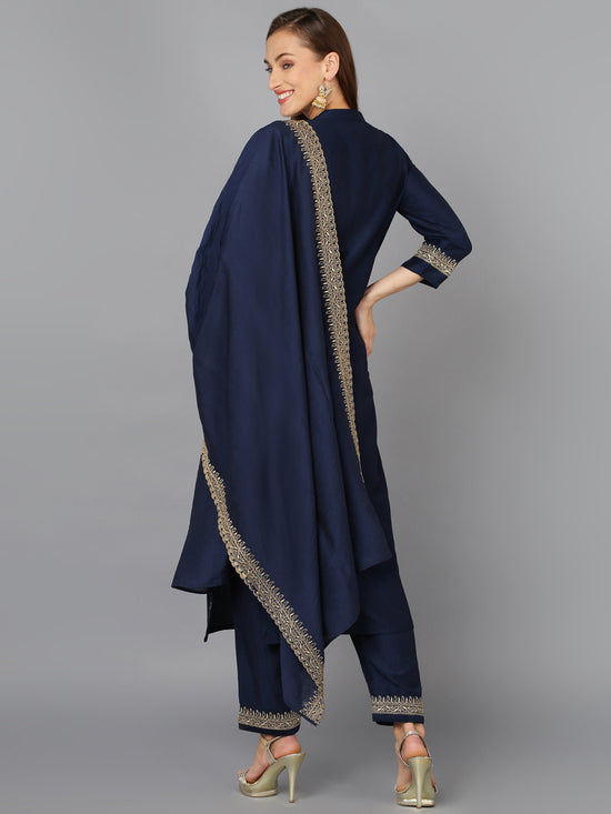 Navy Blue Silk Blend Embroidered Festive wear