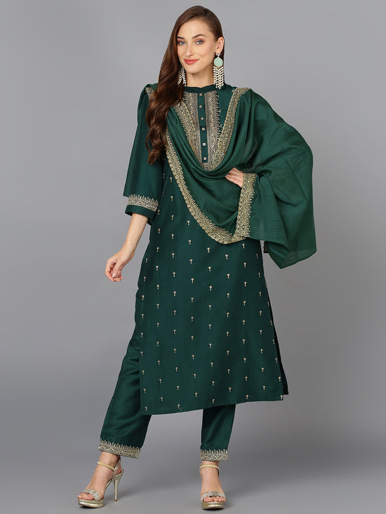 Bottle Green Silk Blend Embroidered Festive wear