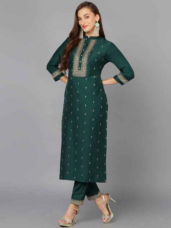 Bottle Green Silk Blend Embroidered Festive wear