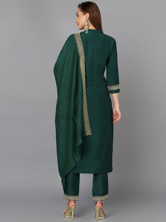 Bottle Green Silk Blend Embroidered Festive wear