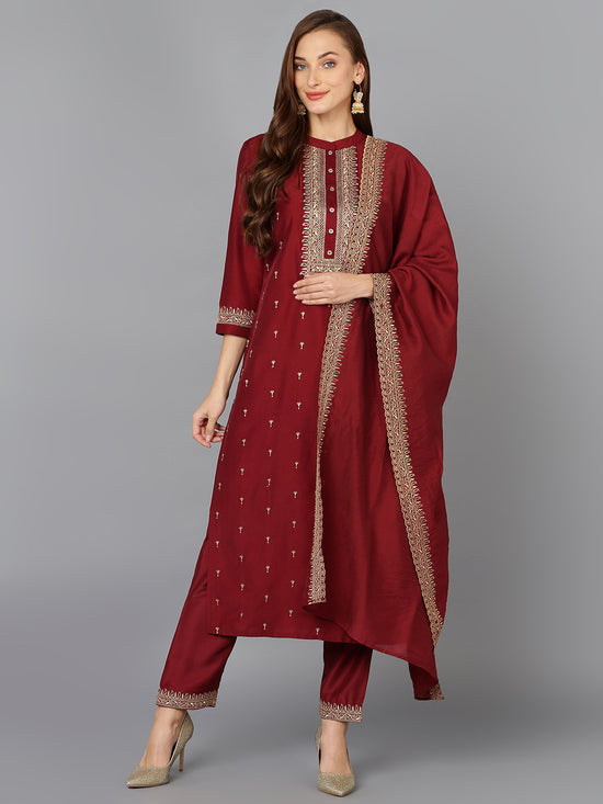 Maroon Silk Blend Embroidered Festive wear Suit