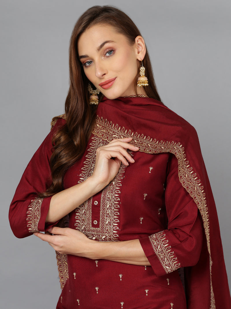 Maroon Silk Blend Embroidered Festive wear Suit
