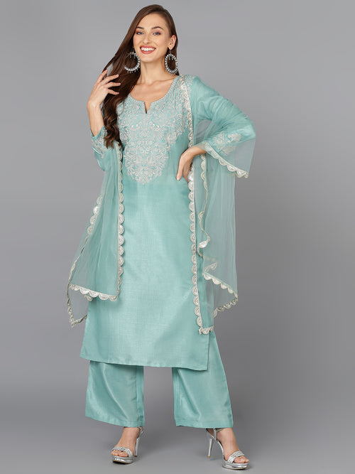 Sea Green Silk Blend Embroidered Festive wear