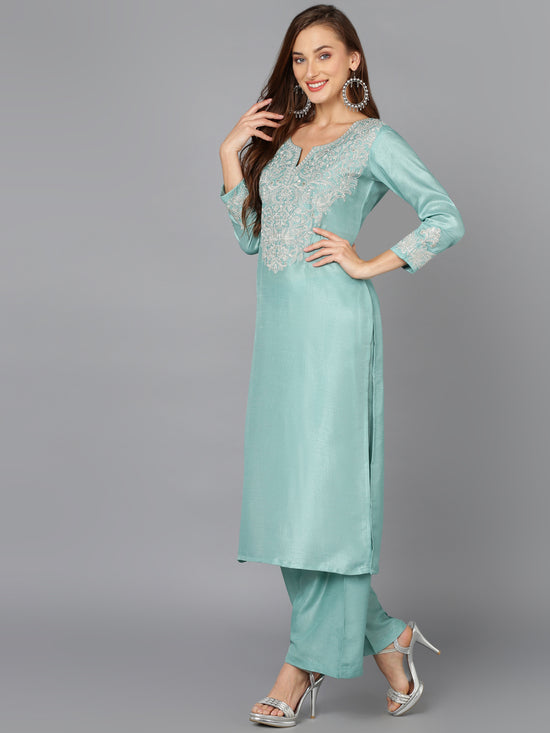 Sea Green Silk Blend Embroidered Festive wear