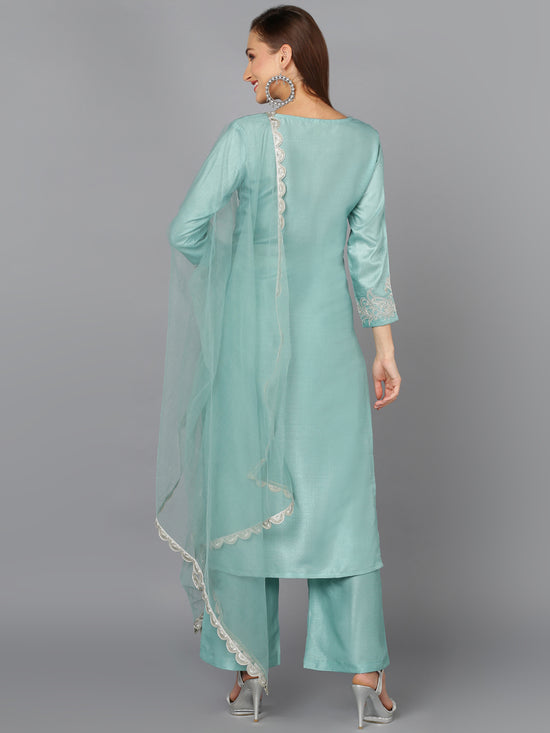 Sea Green Silk Blend Embroidered Festive wear