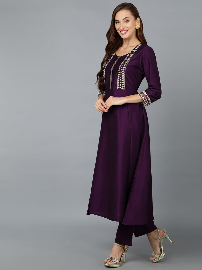 Purple Silk Blend Embroidered Anarkali Festive wear