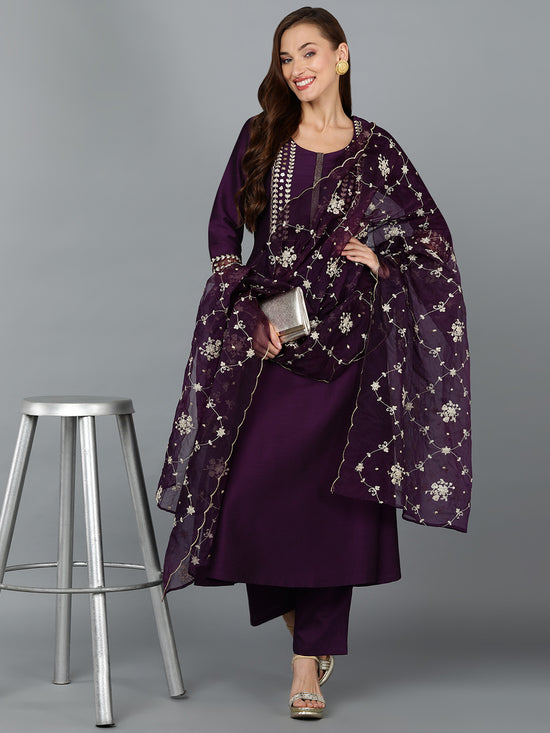 Purple Silk Blend Embroidered Anarkali Festive wear