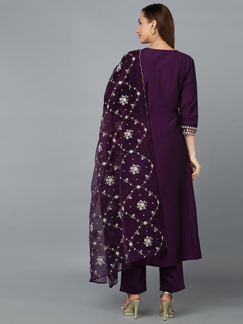 Purple Silk Blend Embroidered Anarkali Festive wear
