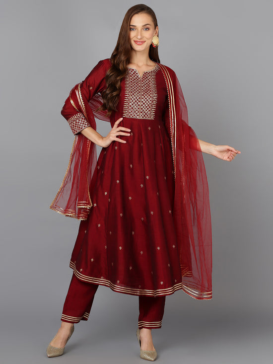 Silk Blend Maroon Anarkali Festive wear Suit