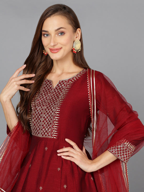 Silk Blend Maroon Anarkali Festive wear Suit