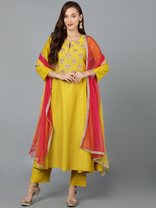 Silk Blend Amber Yellow Embroidered Anarkali Festive