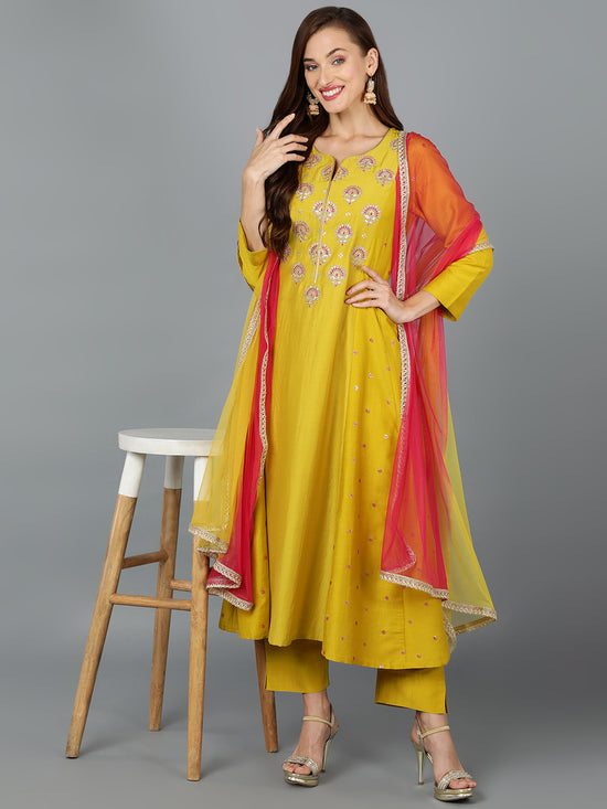 Silk Blend Amber Yellow Embroidered Anarkali Festive