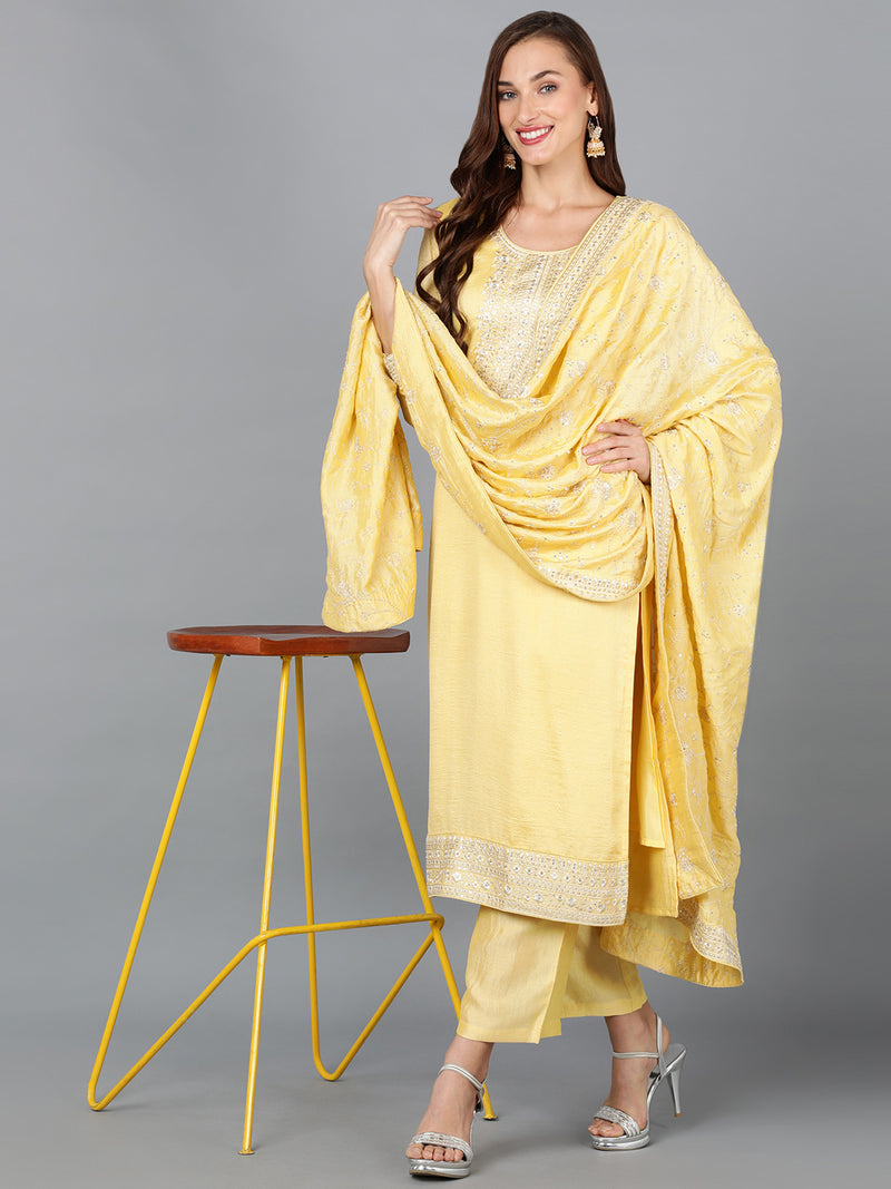 Silk Blend Pale Yellow Embroidered Party wear