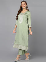 Silk Blend Sage Green Embroidered Party wear