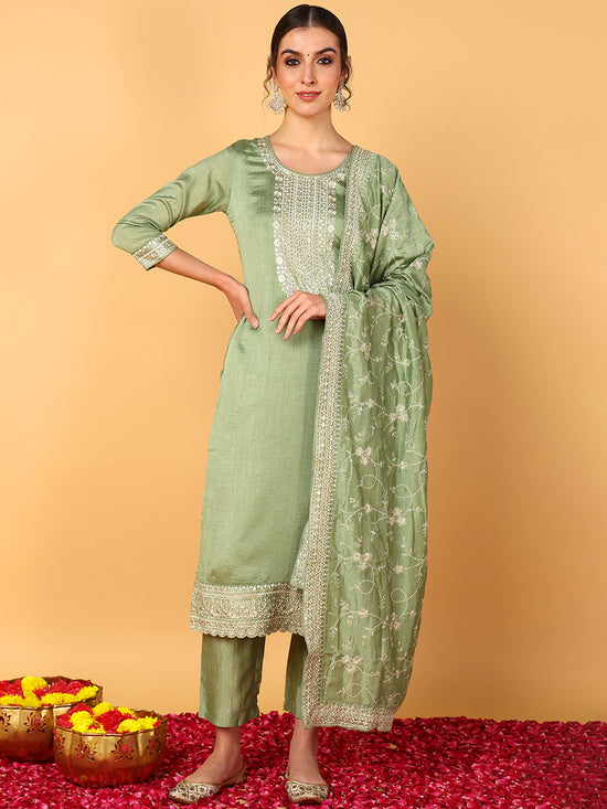 Ahika Women Green Silk Blend Solid Embroidered Straight Suit Set