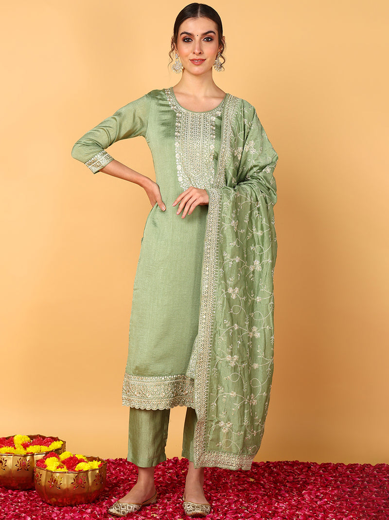 Ahika Women Green Silk Blend Solid Embroidered Straight Suit Set