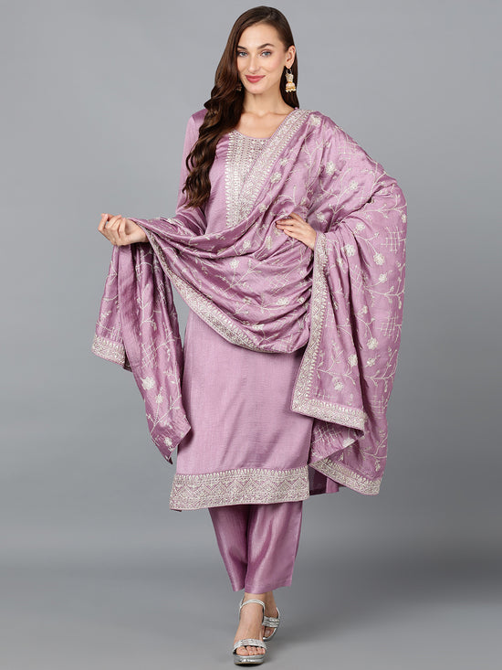 Lilac Silk Blend Embroidered Party wear Suit