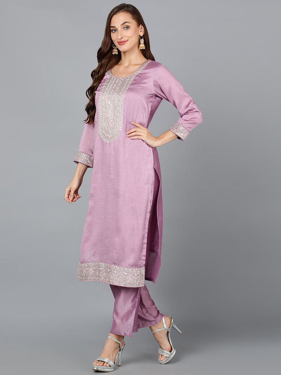 Lilac Silk Blend Embroidered Party wear Suit