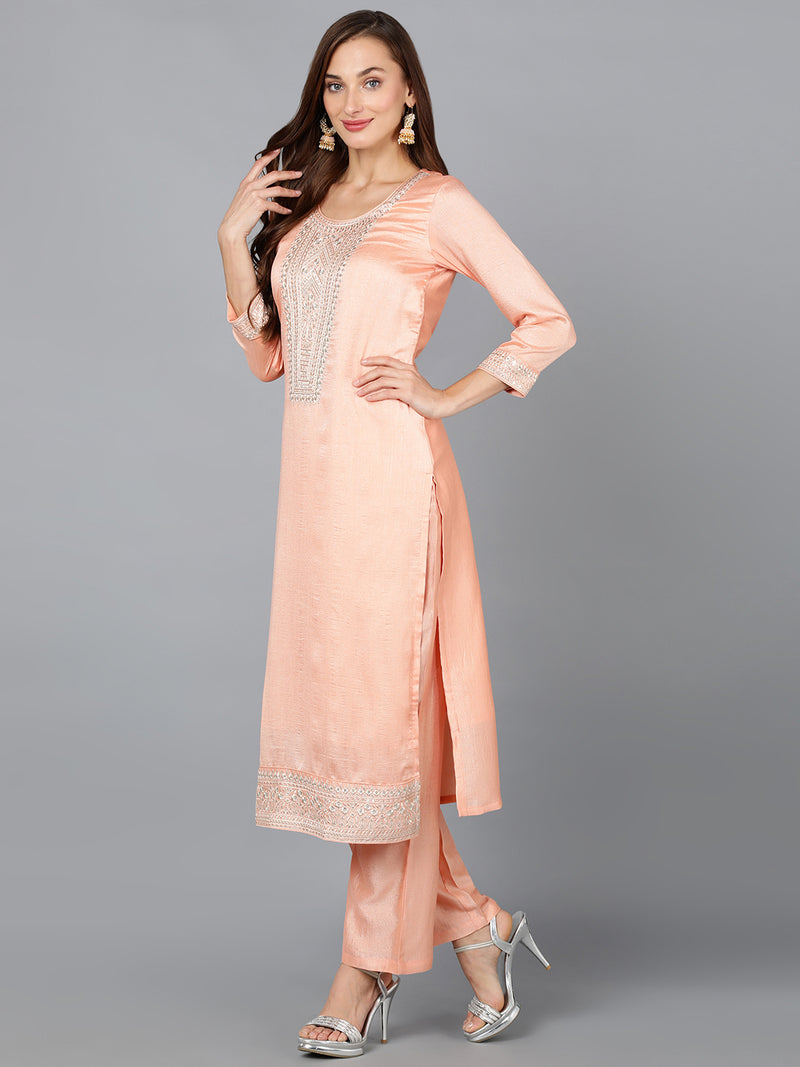 Peach Silk Blend Embroidered Party wear Suit