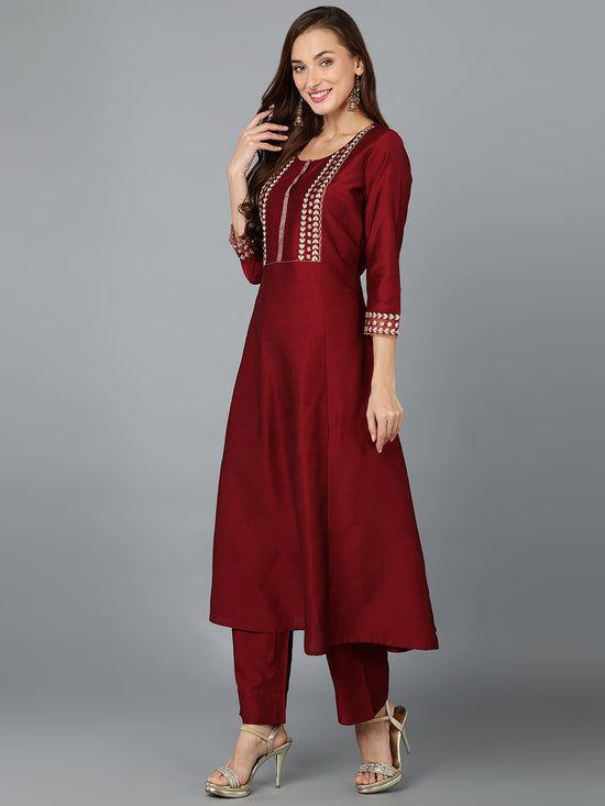 Silk Blend Maroon Embroidered Anarkali Festive wear