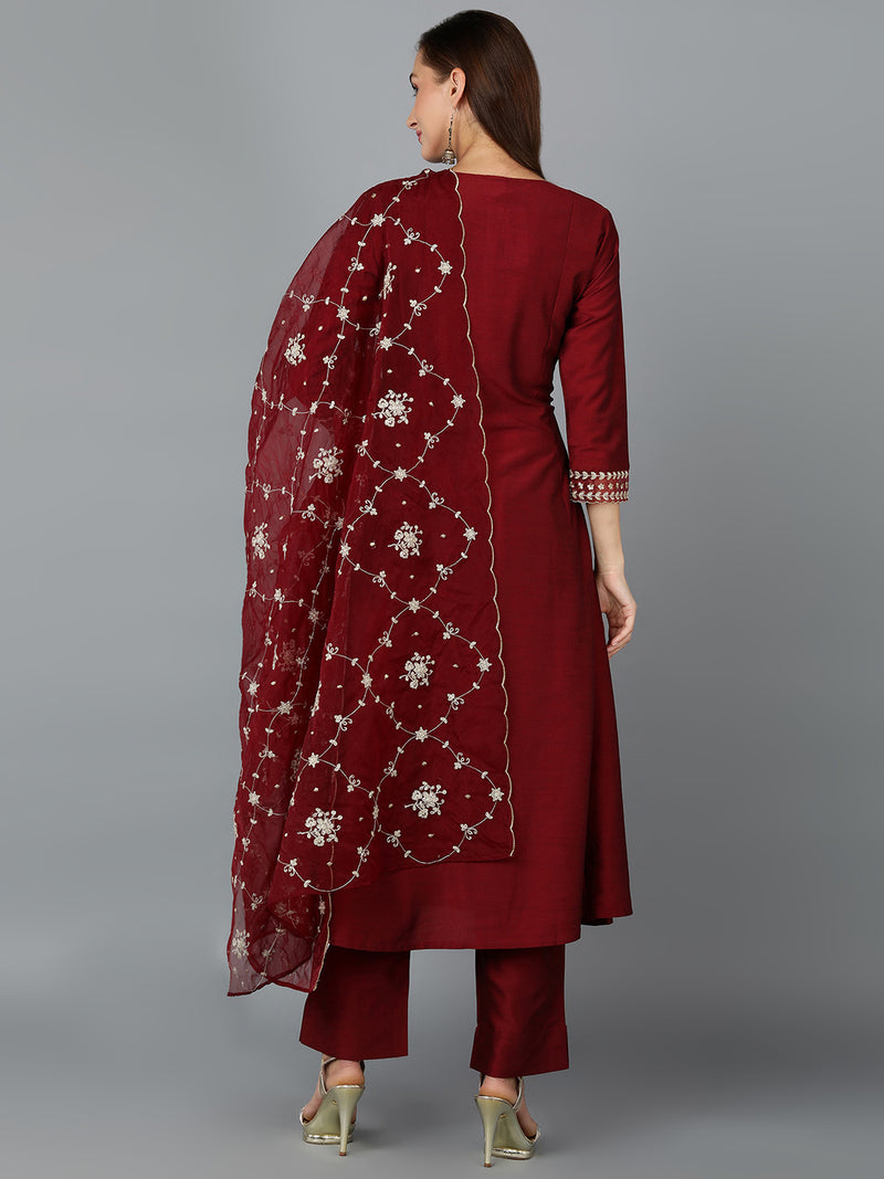 Silk Blend Maroon Embroidered Anarkali Festive wear
