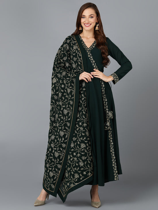 Dark Green Georgette Angrakha Pant With Dupatta