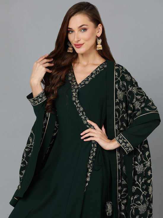 Dark Green Georgette Angrakha Pant With Dupatta