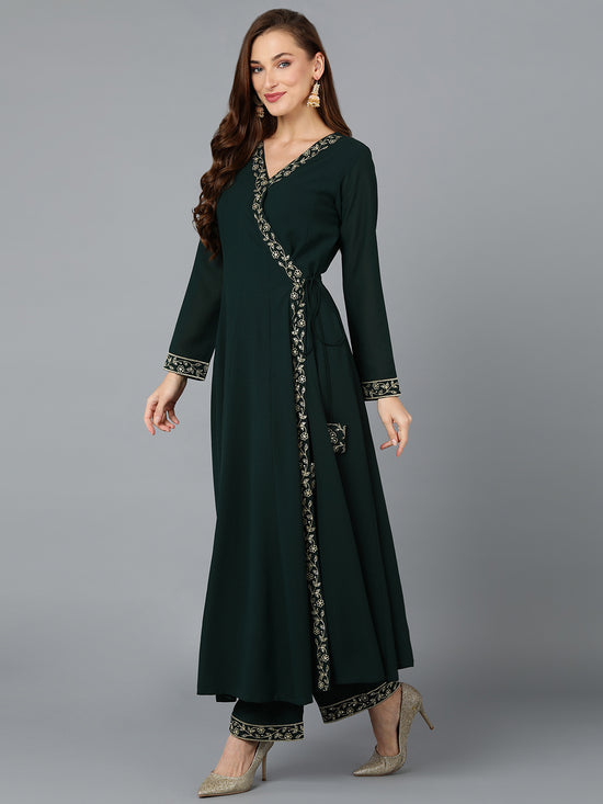 Dark Green Georgette Angrakha Pant With Dupatta