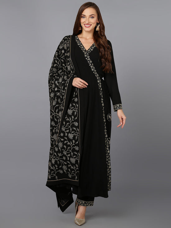 Black Georgette Angrakha Pant With Dupatta PKSKD1913