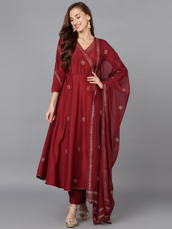 Maroon Silk Blend Umbrella Cut Rogan work