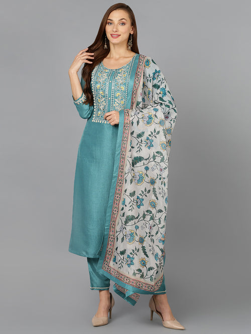 Sea-Green Straight Kurta Pant With Dupatta PKSKD1921