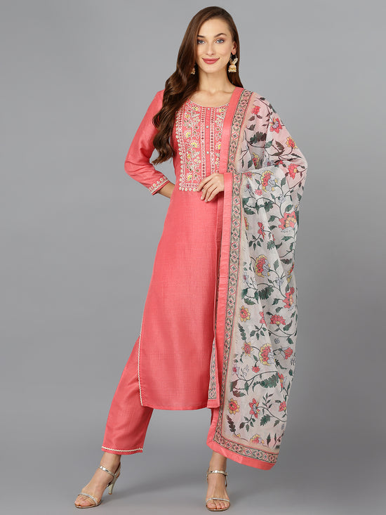 Coral Pink Silk Blend Straight Kurta Pant