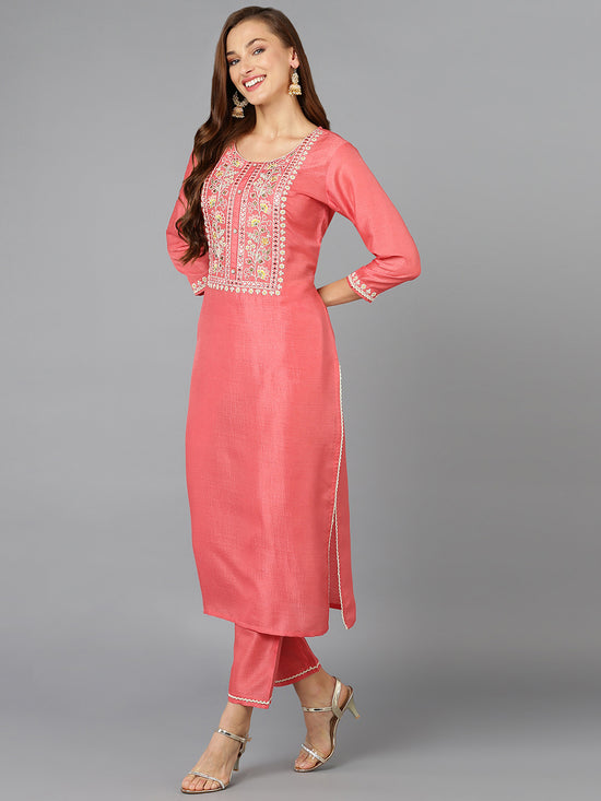 Coral Pink Silk Blend Straight Kurta Pant